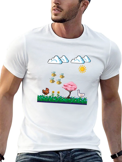Camiseta Negra Pixel Art: Aves Flores y Sol