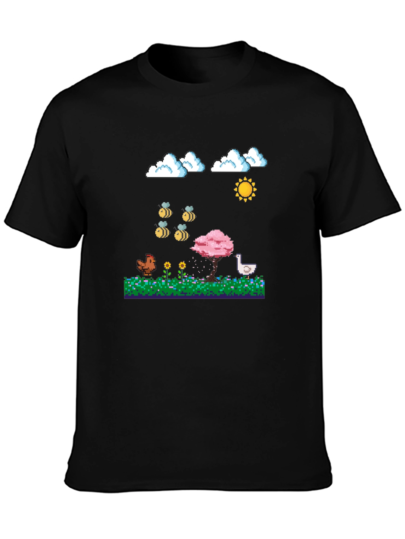 Camiseta Negra Pixel Art: Aves Flores y Sol