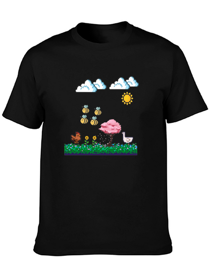 Camiseta Negra Pixel Art: Aves Flores y Sol