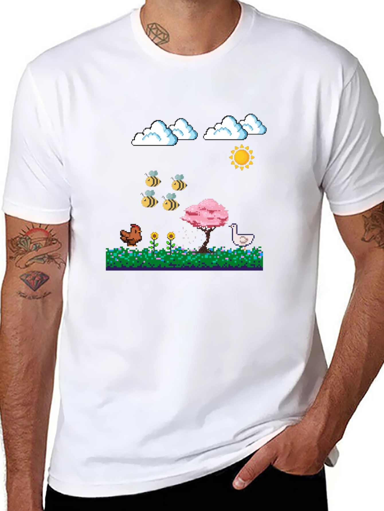 Camiseta Negra Pixel Art: Aves Flores y Sol