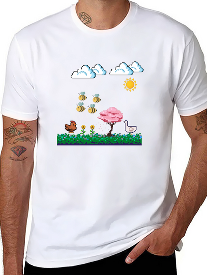 Camiseta Negra Pixel Art: Aves Flores y Sol
