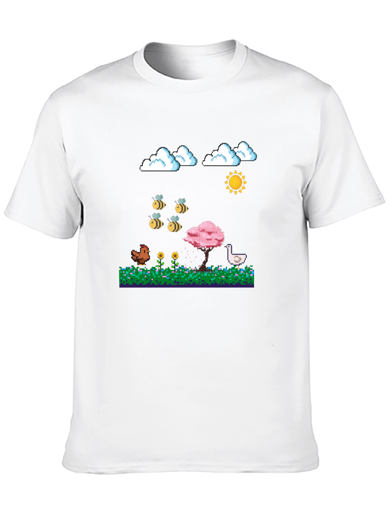 Camiseta Negra Pixel Art: Aves Flores y Sol