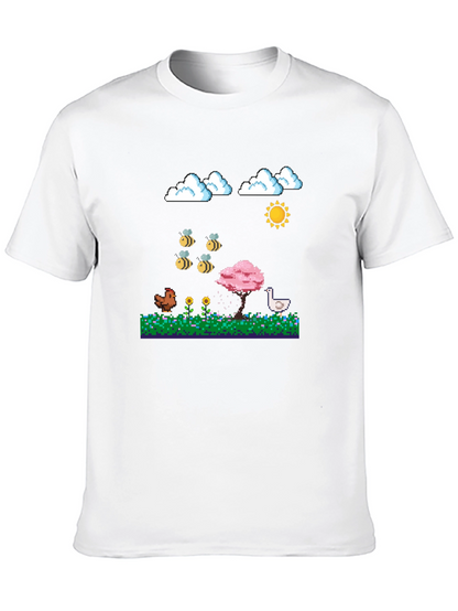 Camiseta Negra Pixel Art: Aves Flores y Sol