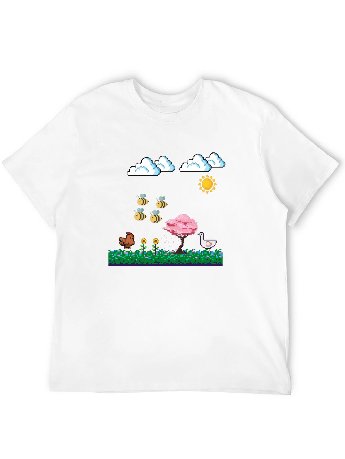 Camiseta Negra Pixel Art: Aves Flores y Sol
