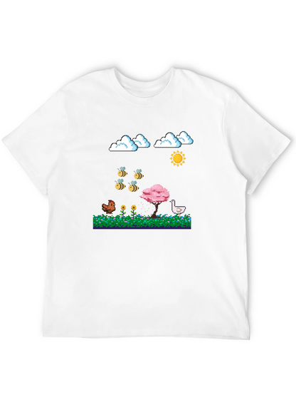Camiseta Negra Pixel Art: Aves Flores y Sol