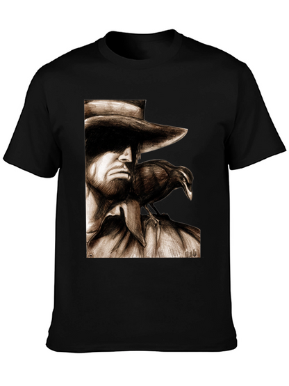 Camiseta Negra con Dibujo de Hombre y Cuervo