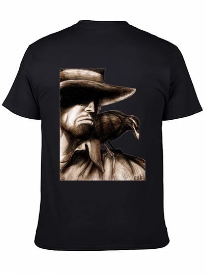 Camiseta Negra con Dibujo de Hombre y Cuervo