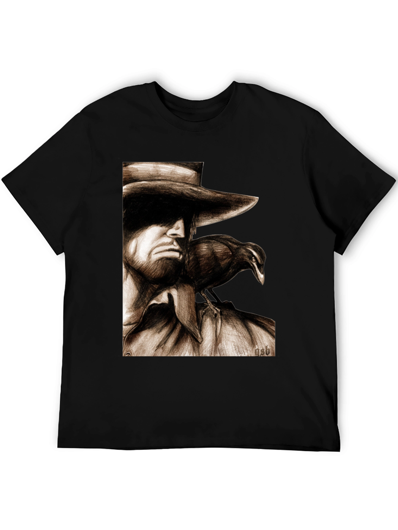Camiseta Negra con Dibujo de Hombre y Cuervo