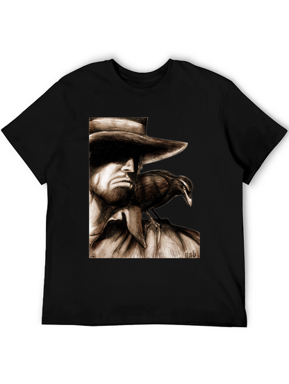 Camiseta Negra con Dibujo de Hombre y Cuervo