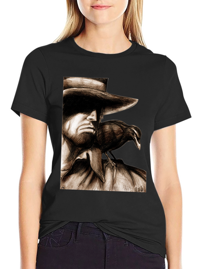 Camiseta Negra con Dibujo de Hombre y Cuervo