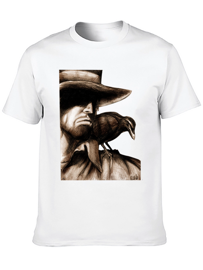 Camiseta Negra con Dibujo de Hombre y Cuervo