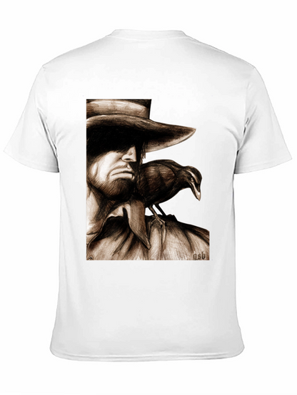 Camiseta Negra con Dibujo de Hombre y Cuervo