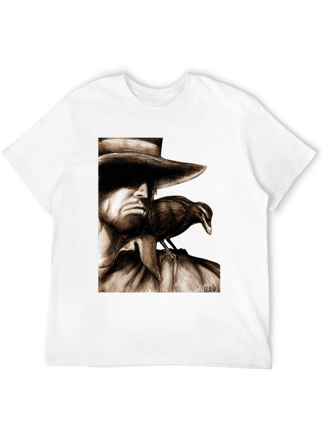 Camiseta Negra con Dibujo de Hombre y Cuervo