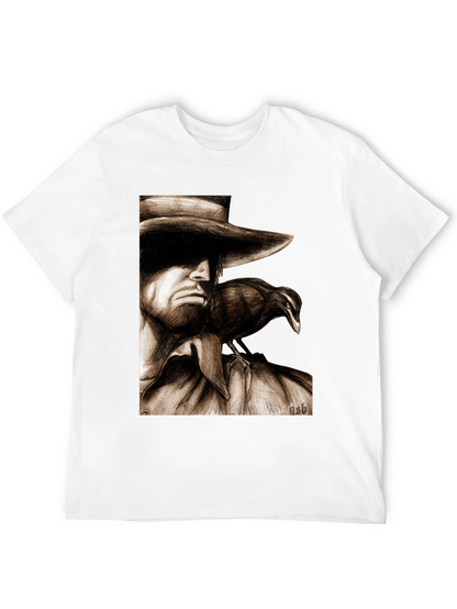 Camiseta Negra con Dibujo de Hombre y Cuervo