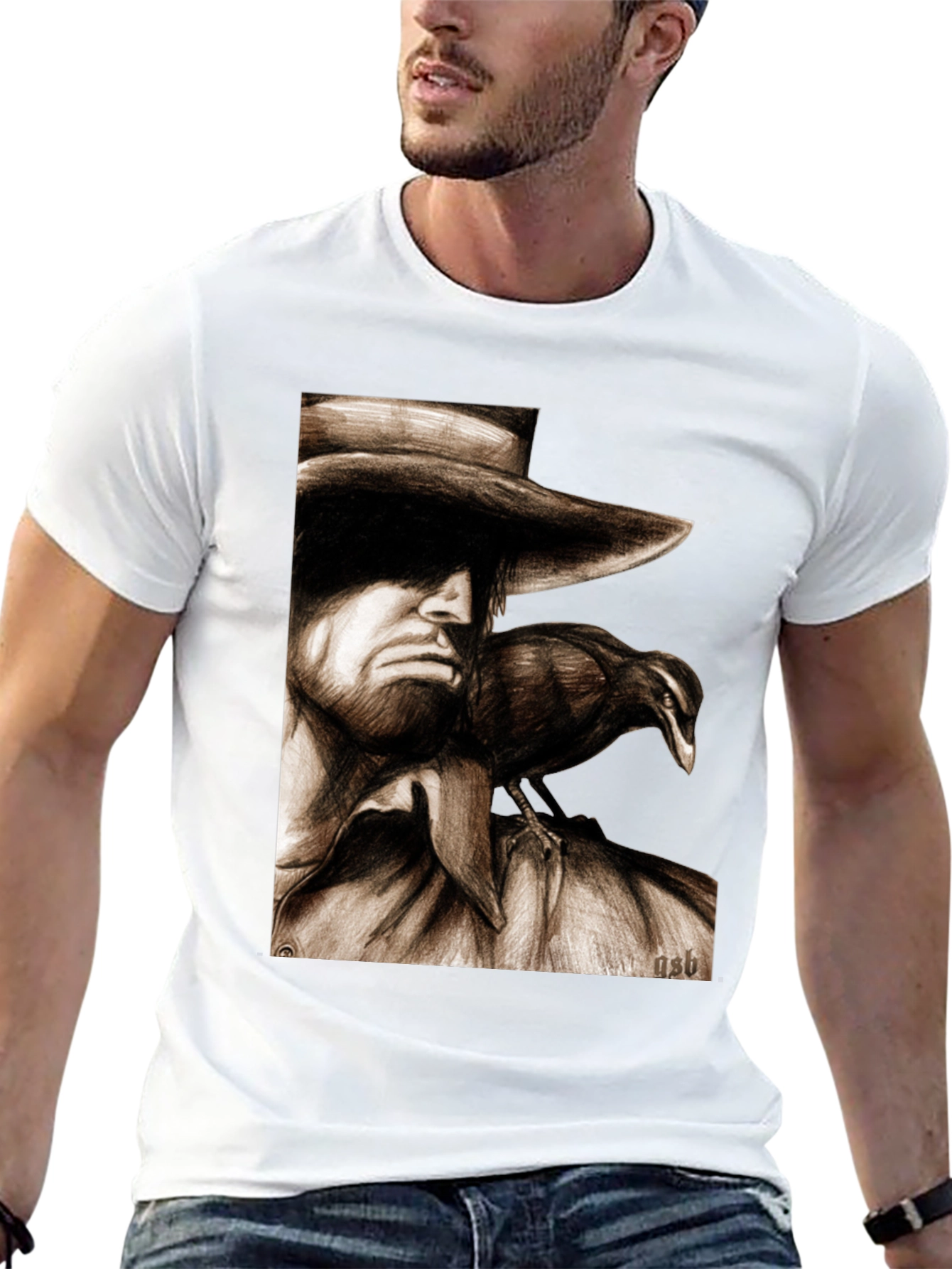 Camiseta Negra con Dibujo de Hombre y Cuervo
