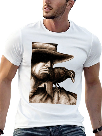 Camiseta Negra con Dibujo de Hombre y Cuervo
