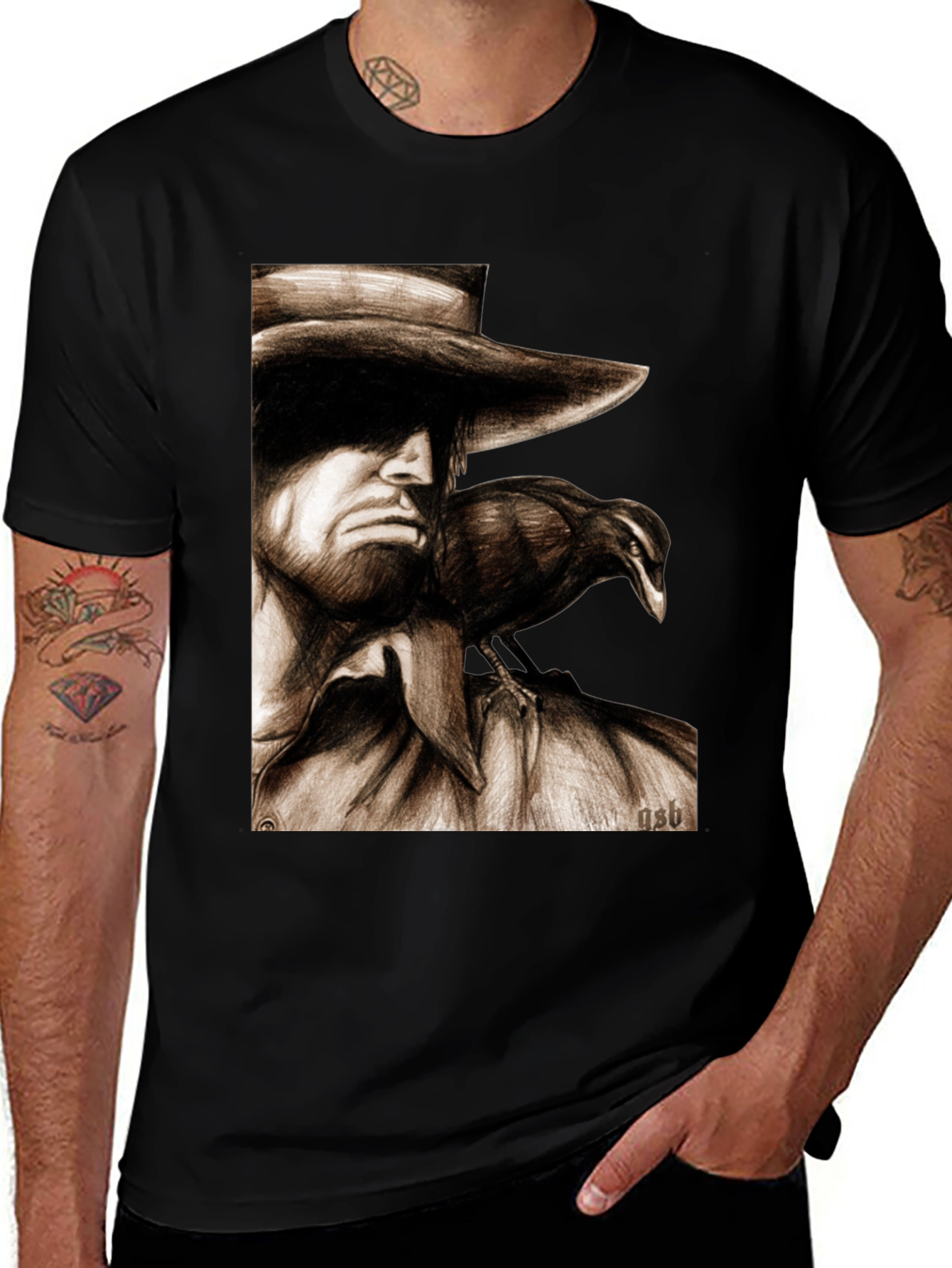 Camiseta Negra con Dibujo de Hombre y Cuervo