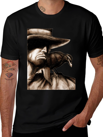 Camiseta Negra con Dibujo de Hombre y Cuervo