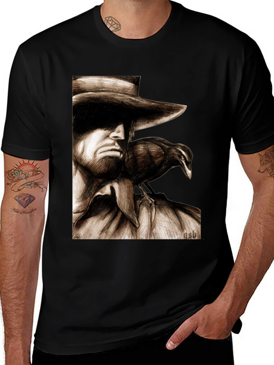Camiseta Negra con Dibujo de Hombre y Cuervo