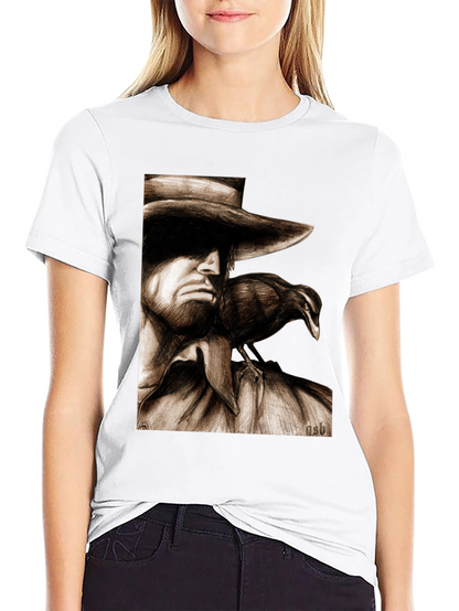 Camiseta Negra con Dibujo de Hombre y Cuervo