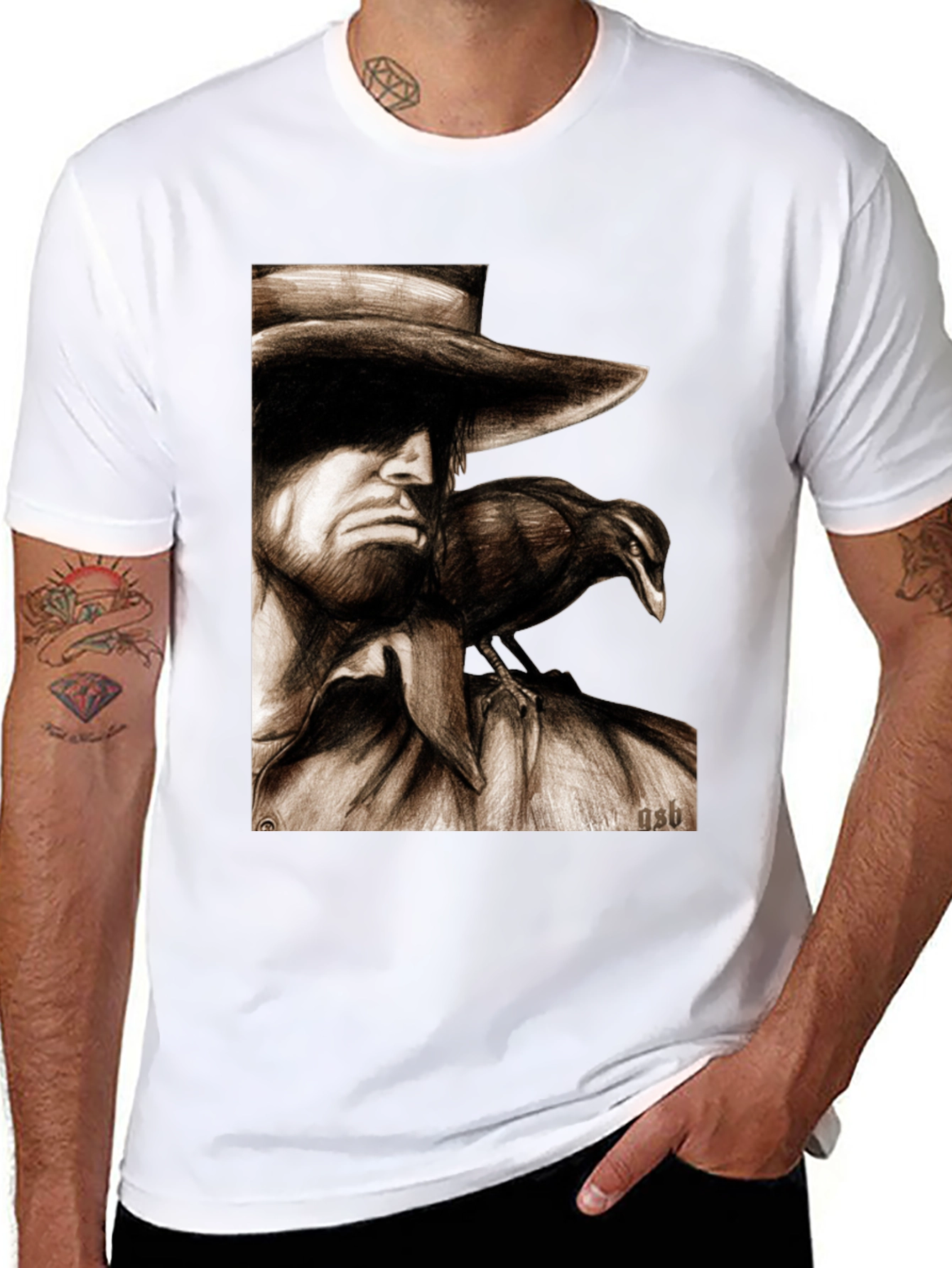 Camiseta Negra con Dibujo de Hombre y Cuervo