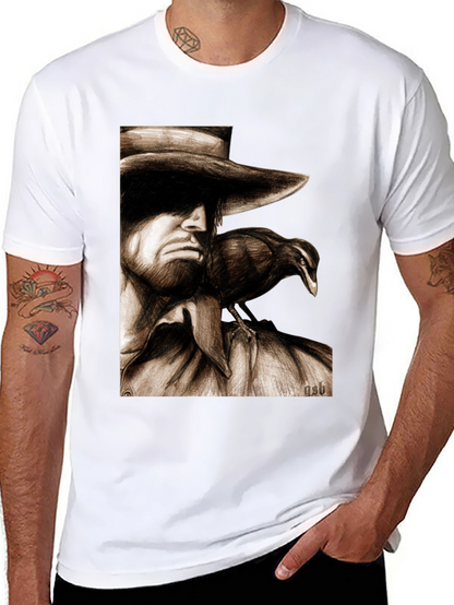 Camiseta Negra con Dibujo de Hombre y Cuervo