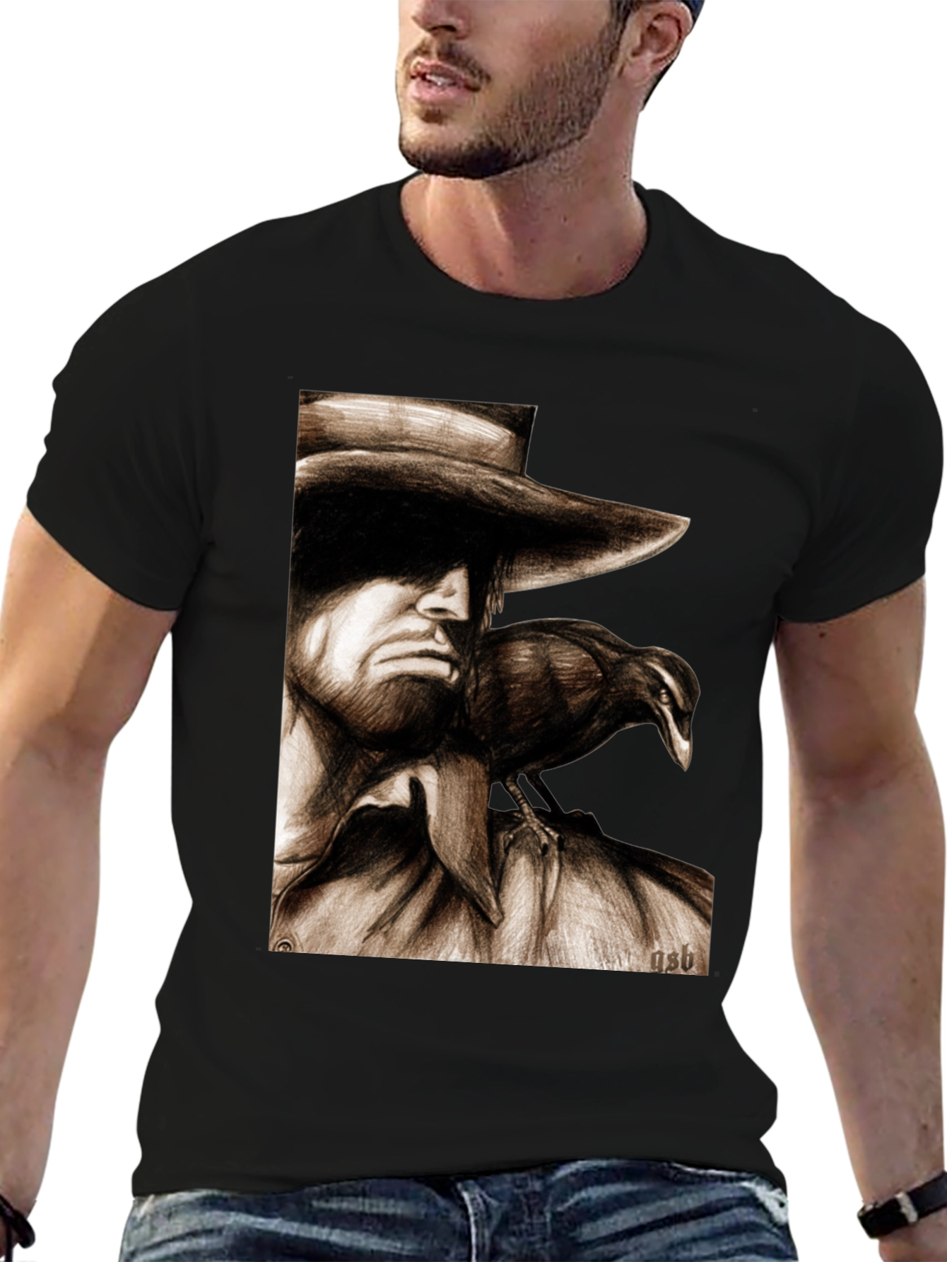 Camiseta Negra con Dibujo de Hombre y Cuervo