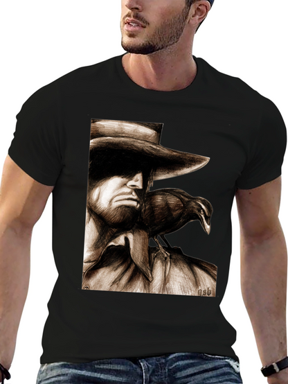 Camiseta Negra con Dibujo de Hombre y Cuervo