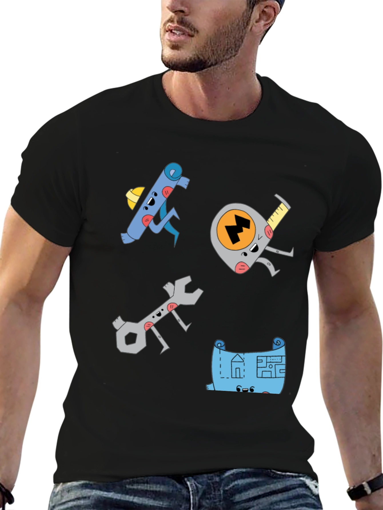 Camiseta Negra con Diseño de Herramientas Animadas