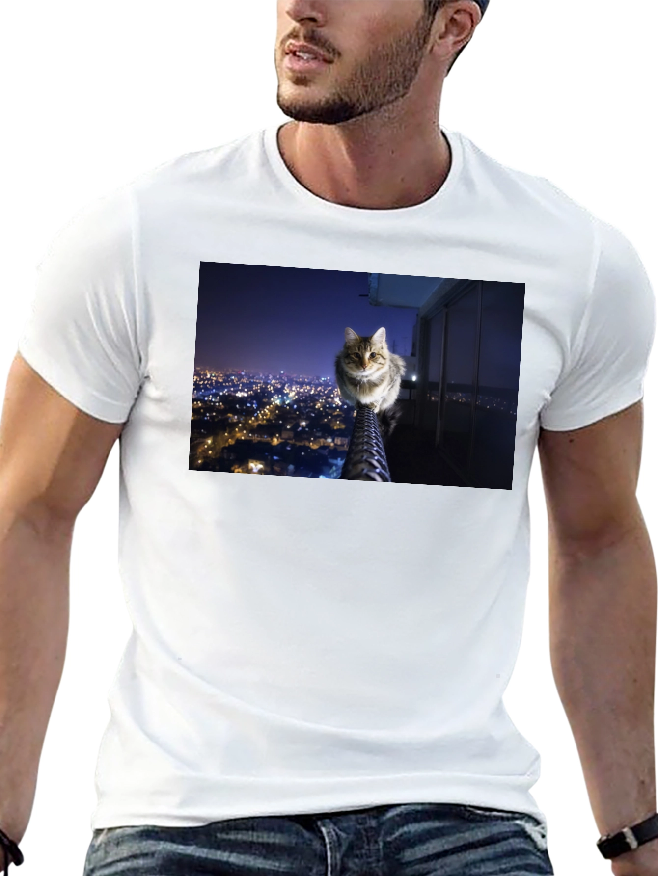 Camiseta Negra con Diseño de Gato Nocturno Urbano