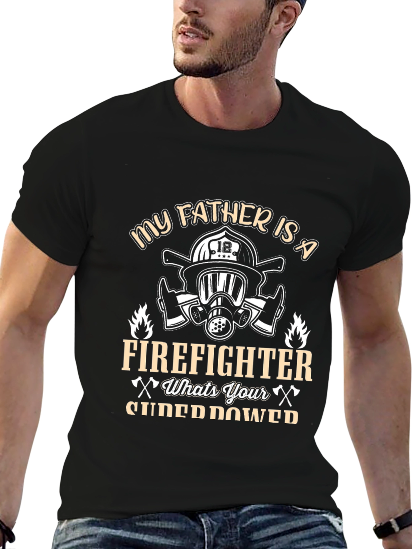 Camiseta Negra: Mi Padre Bombero ¿Cuál es tu Superpoder?