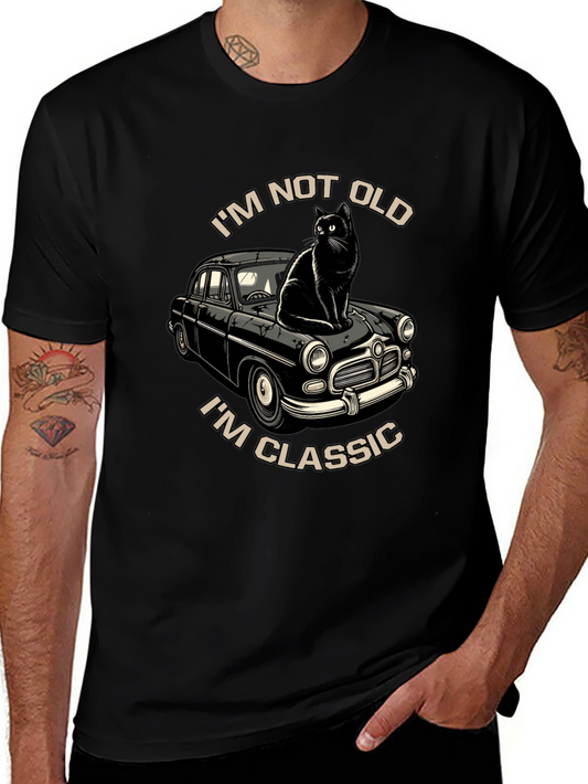 Camiseta Negra: Gato Coche Clásico - No Soy Viejo Soy Clásico