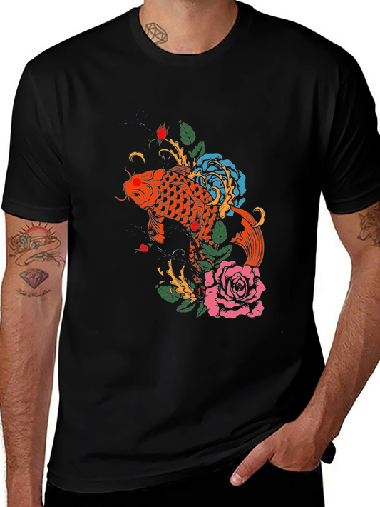 Camiseta Negra con Diseño de Carpa Koi y Flores