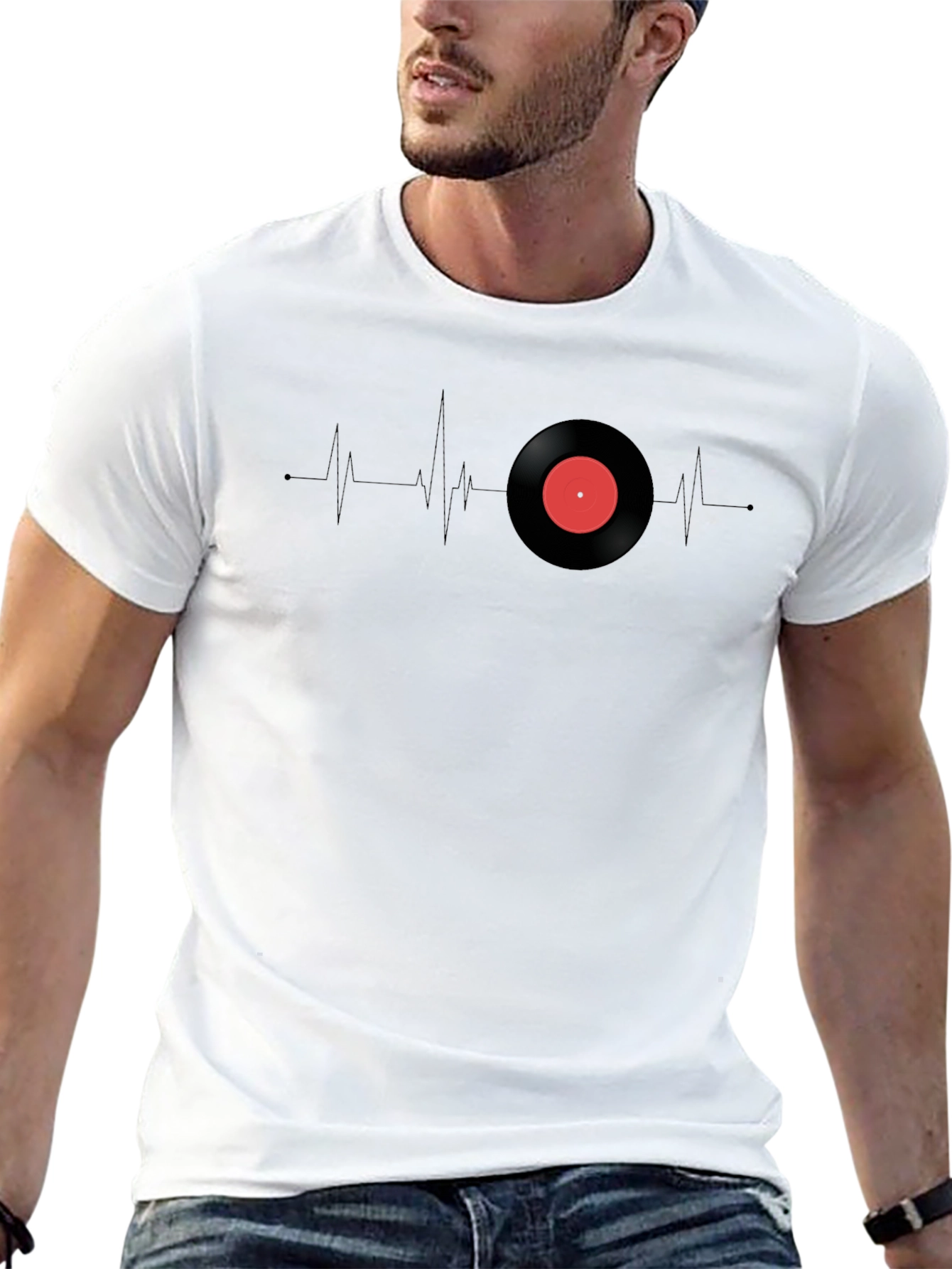 Camiseta Negra Ritmo Vinilo Corazón Musical