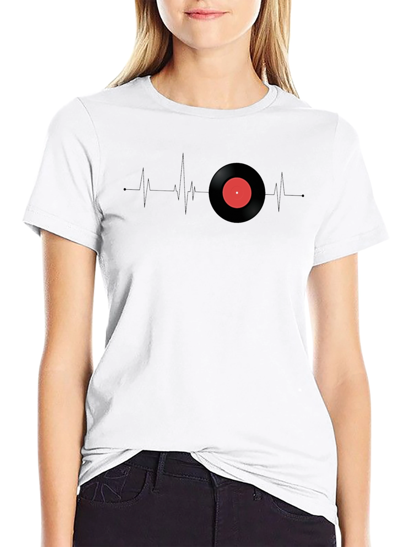 Camiseta Negra Ritmo Vinilo Corazón Musical