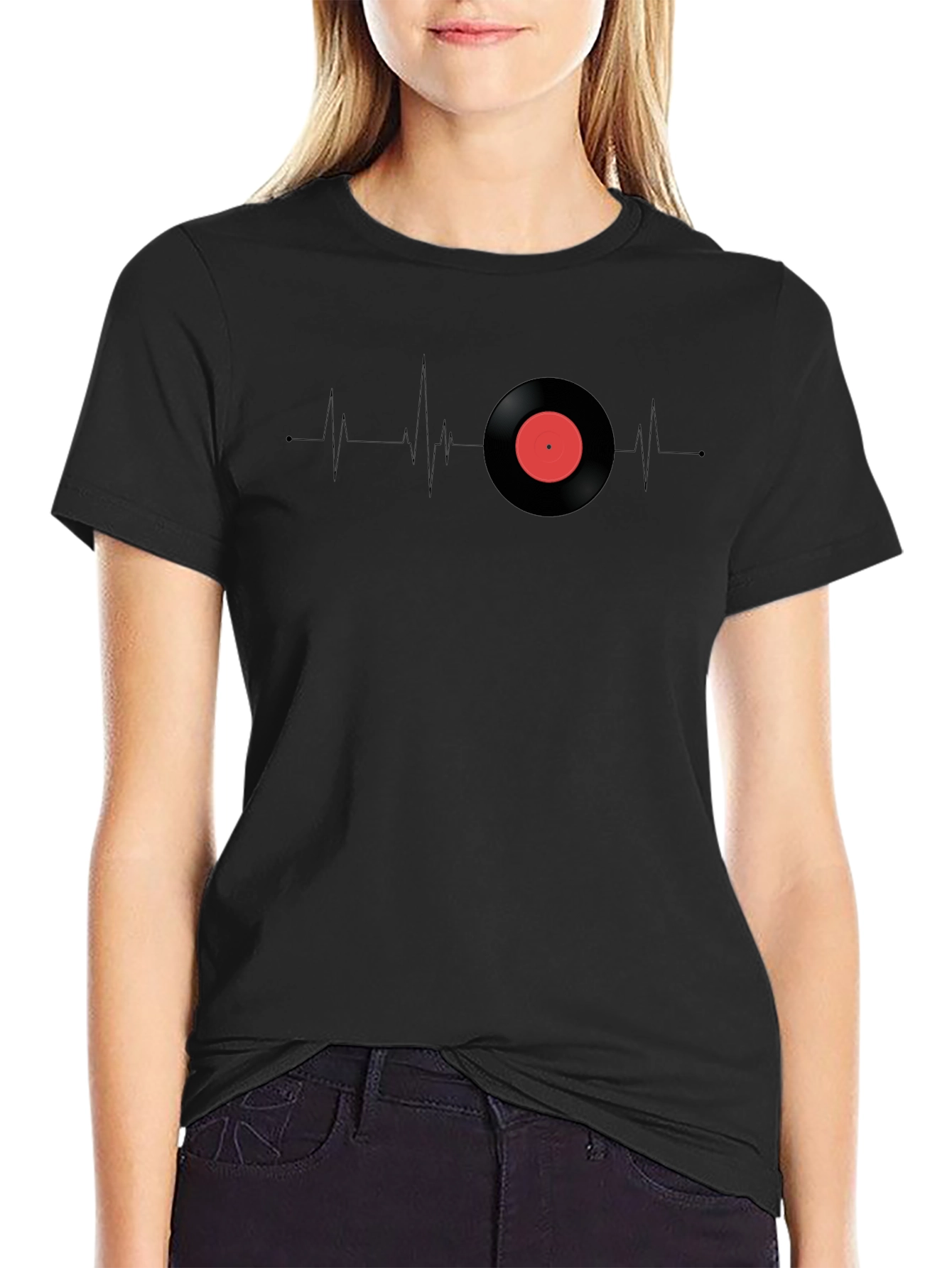 Camiseta Negra Ritmo Vinilo Corazón Musical