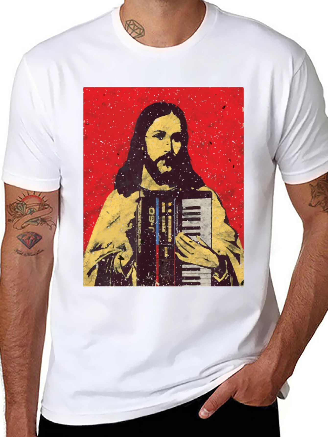 Camiseta Negra con Diseño de Jesús Músico
