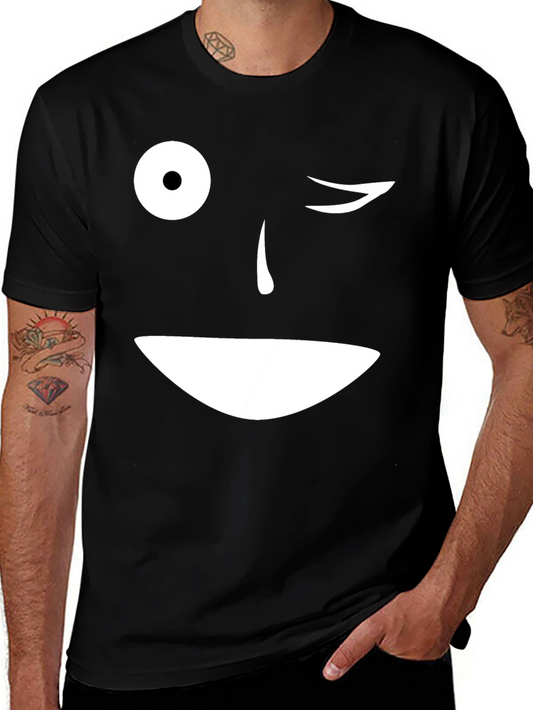 Camiseta Negra con Cara Sonriente y Ojo Guiñando