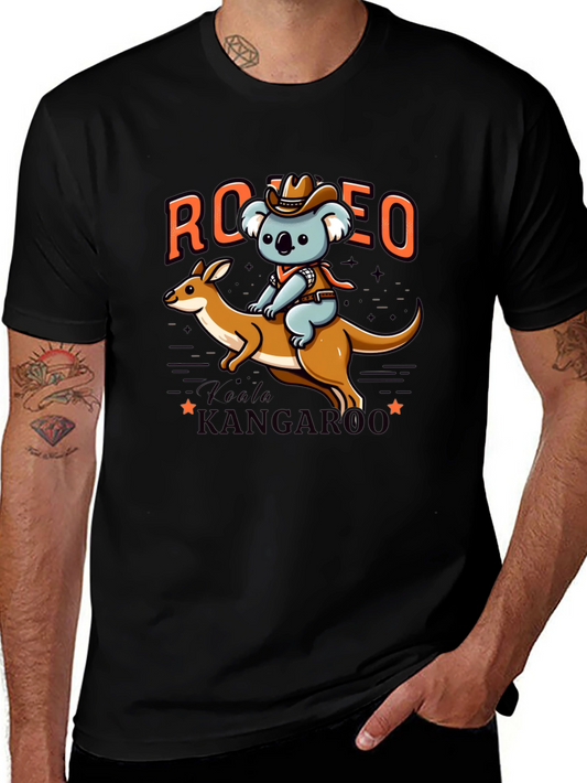 Camiseta Negra con Diseño de Koala Vaquero y Canguro