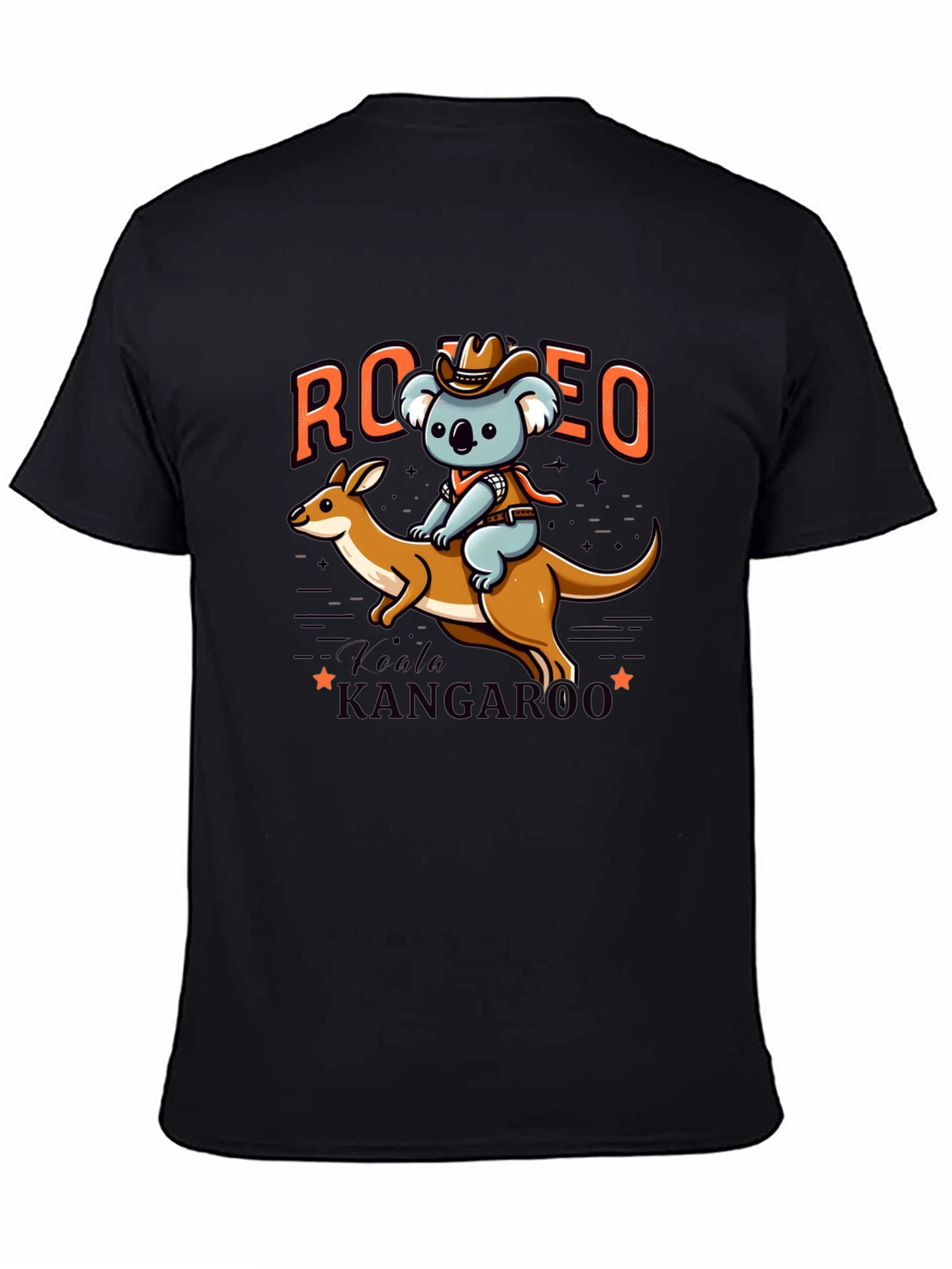 Camiseta Negra con Diseño de Koala Vaquero y Canguro