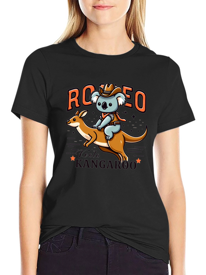 Camiseta Negra con Diseño de Koala Vaquero y Canguro