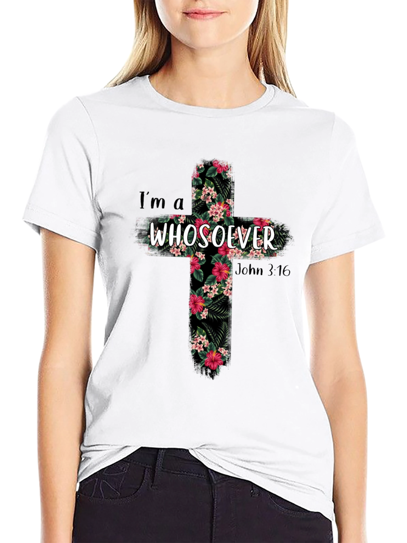 Camiseta Cristiana Whosoever Cruz Floral Negra