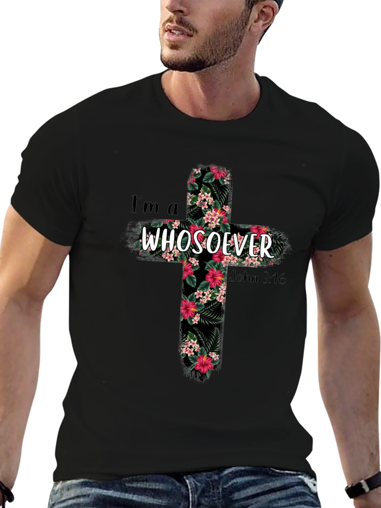 Camiseta Cristiana Whosoever Cruz Floral Negra