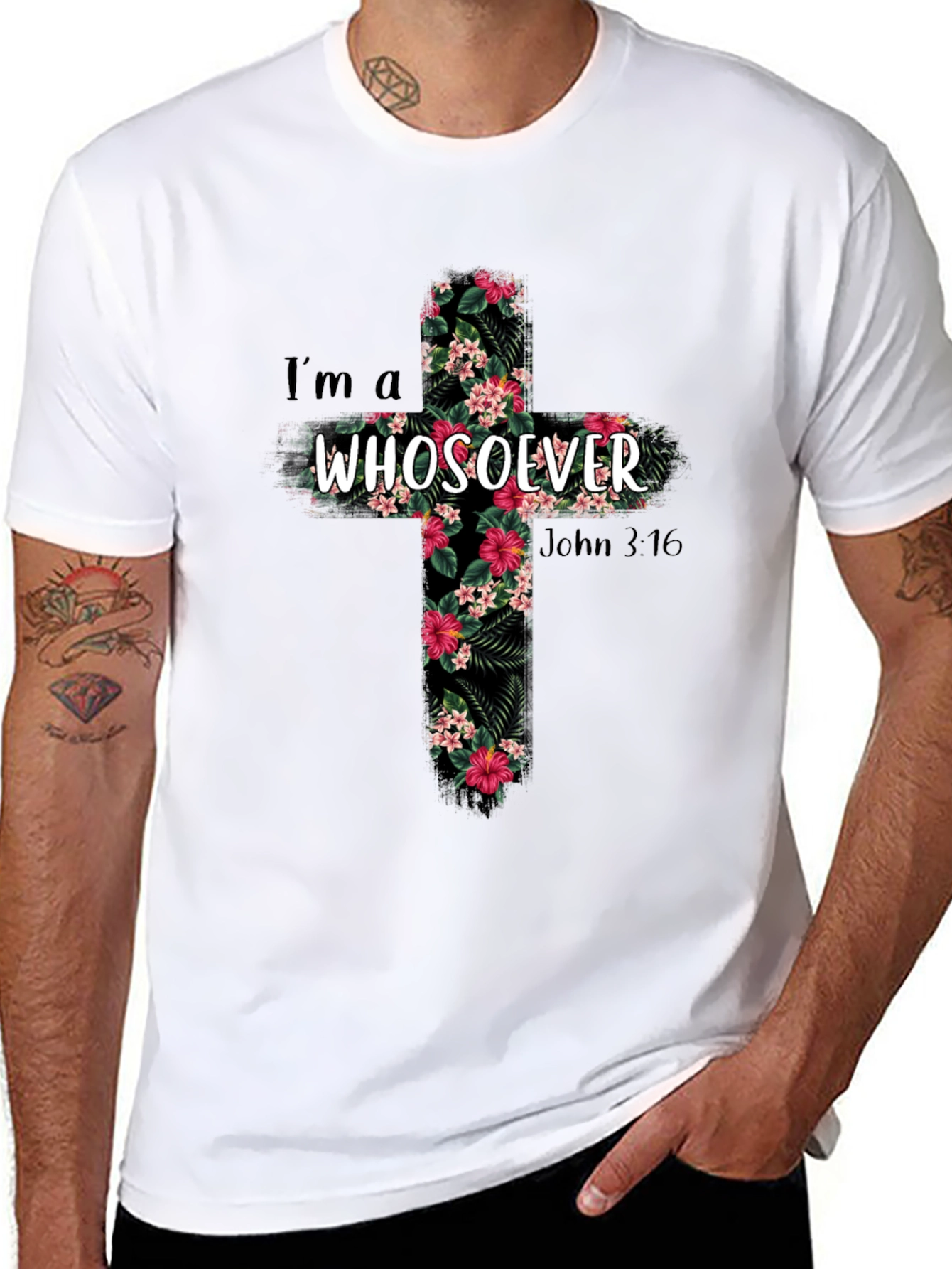Camiseta Cristiana Whosoever Cruz Floral Negra