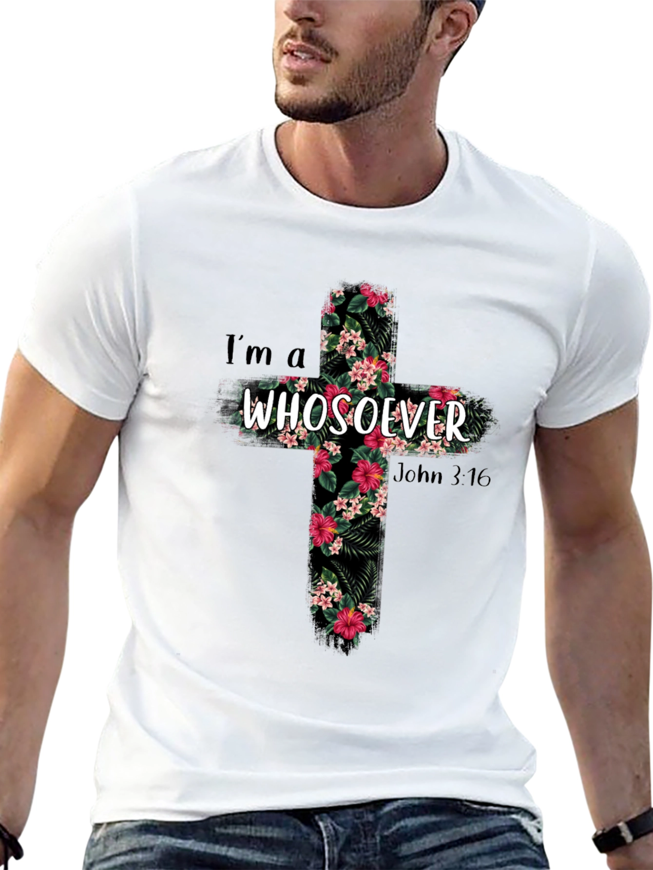 Camiseta Cristiana Whosoever Cruz Floral Negra