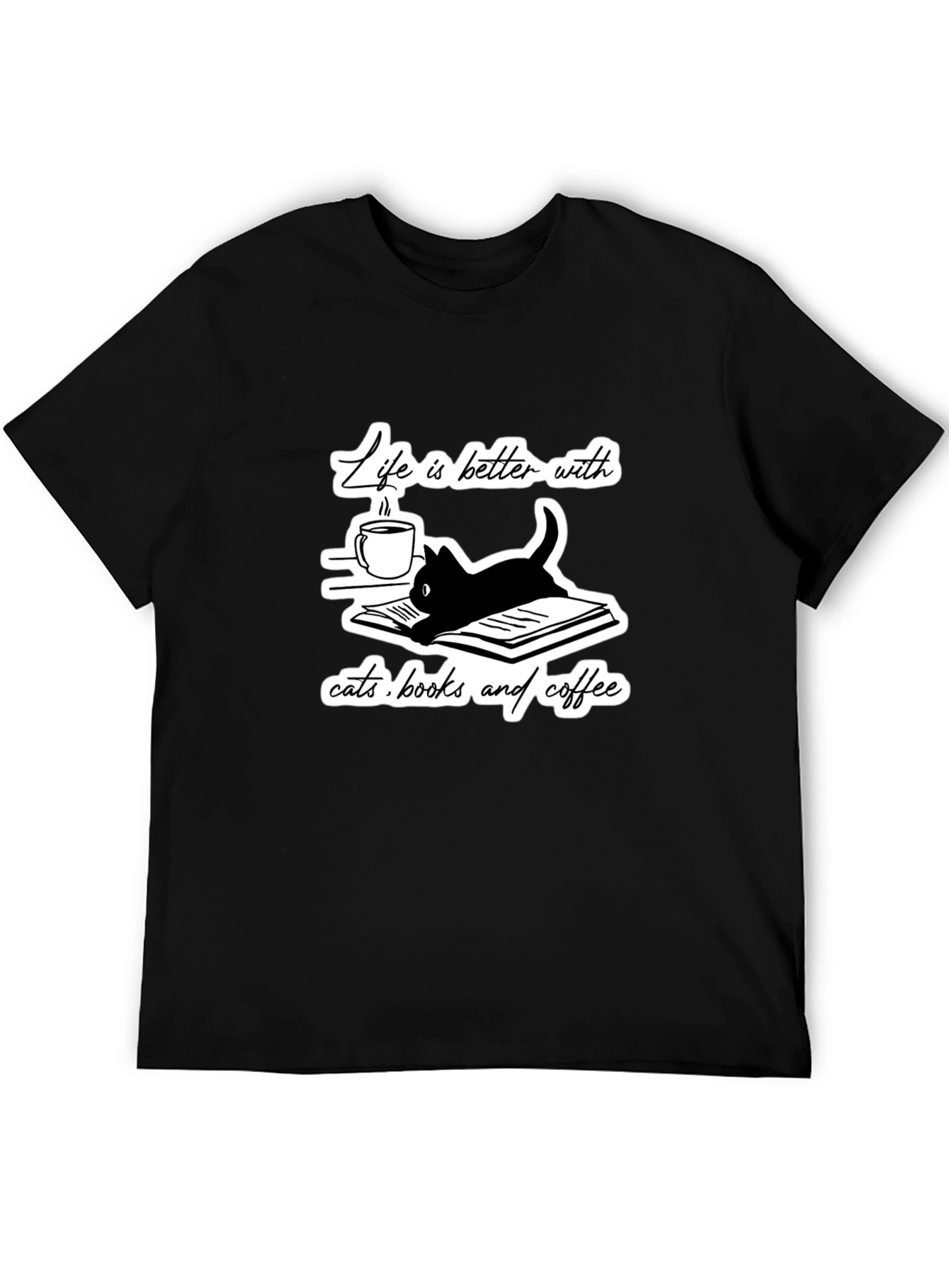 Camiseta Negra Gatos Libros y Café