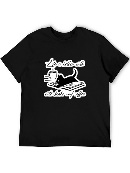 Camiseta Negra Gatos Libros y Café