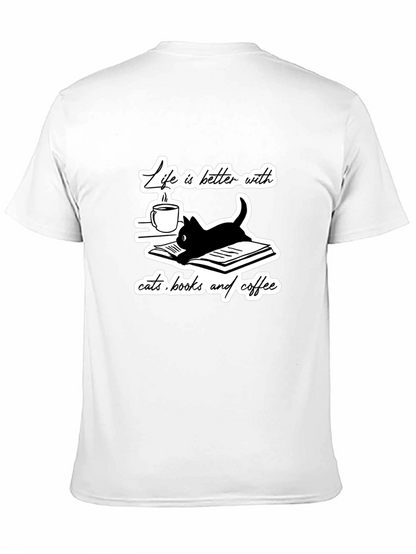 Camiseta Negra Gatos Libros y Café