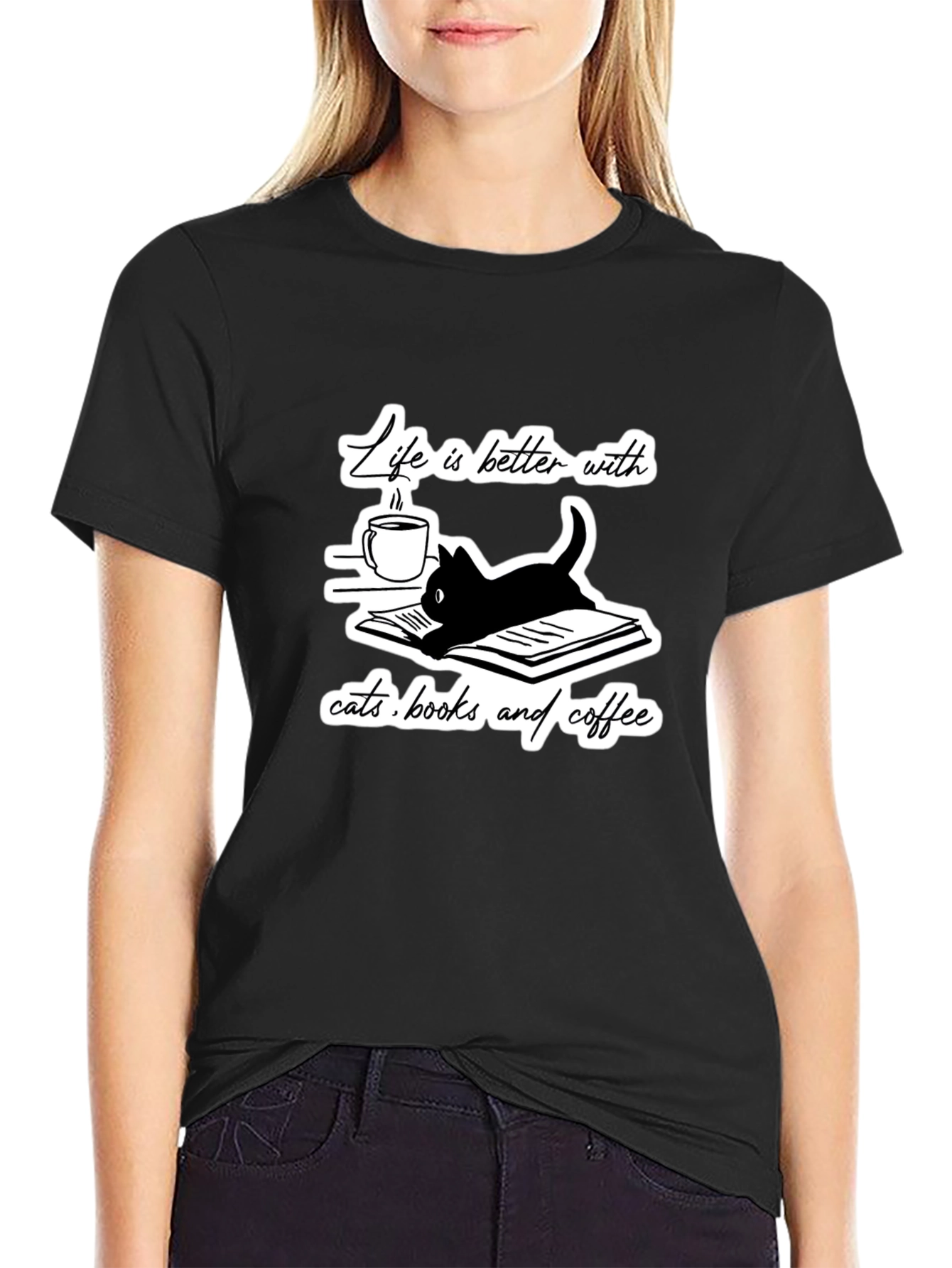 Camiseta Negra Gatos Libros y Café