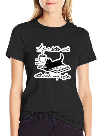 Camiseta Negra Gatos Libros y Café
